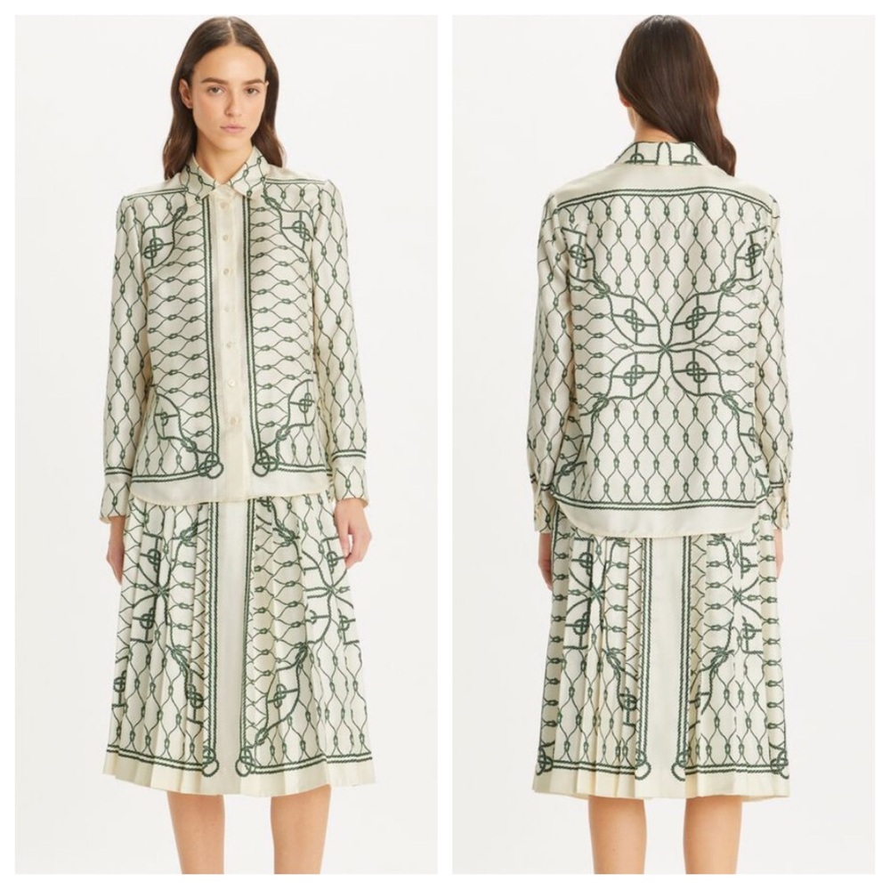 Tory Burch Knot Print Silk Shirt and Skirt Set | 12 NWT